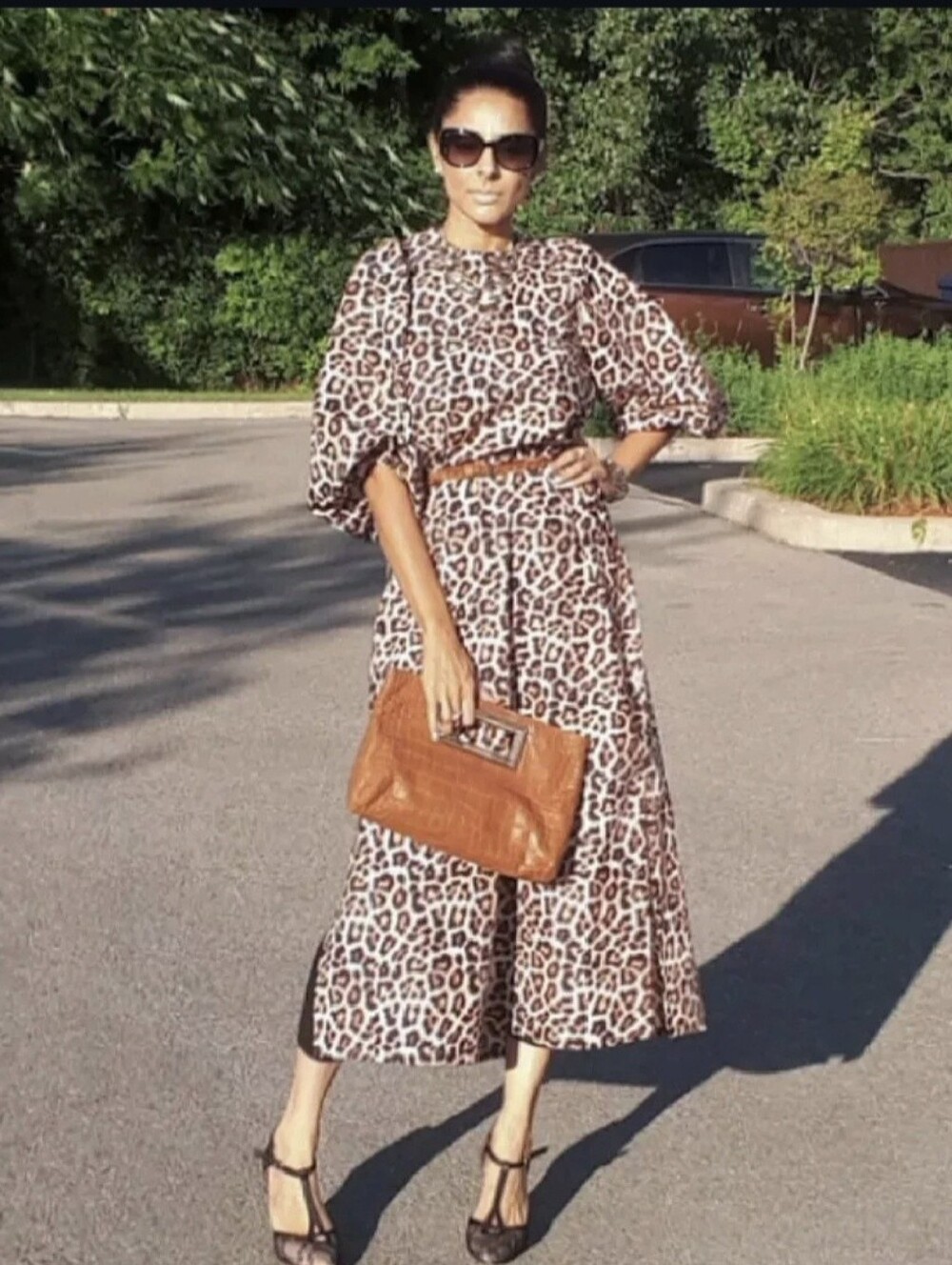Leopard Print Midi Dress with Brown Accessories